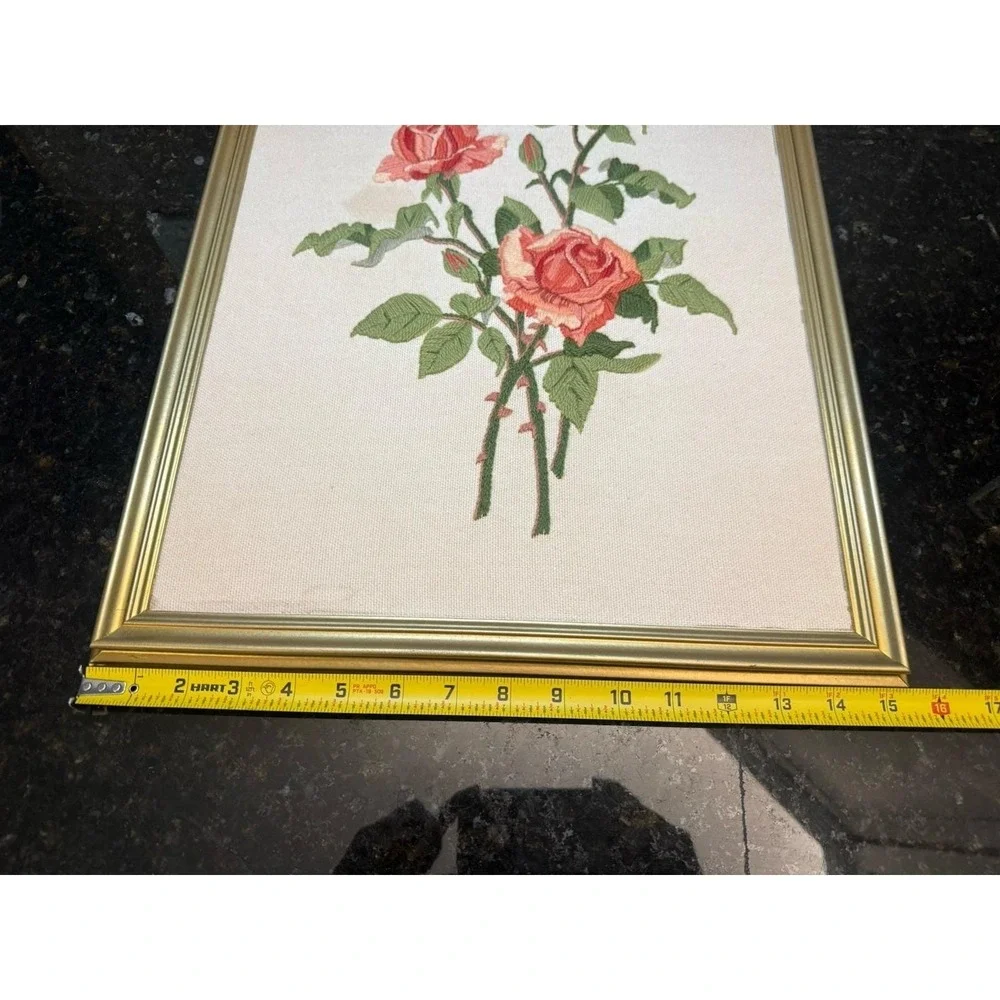 Vintage Framed‎ Rose Crewel Wall Art Retro Floral Hand-Stitched Art 15x19